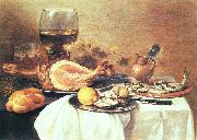 Pieter Claesz A ham a herring oysters a lemon bread onions grapes oil